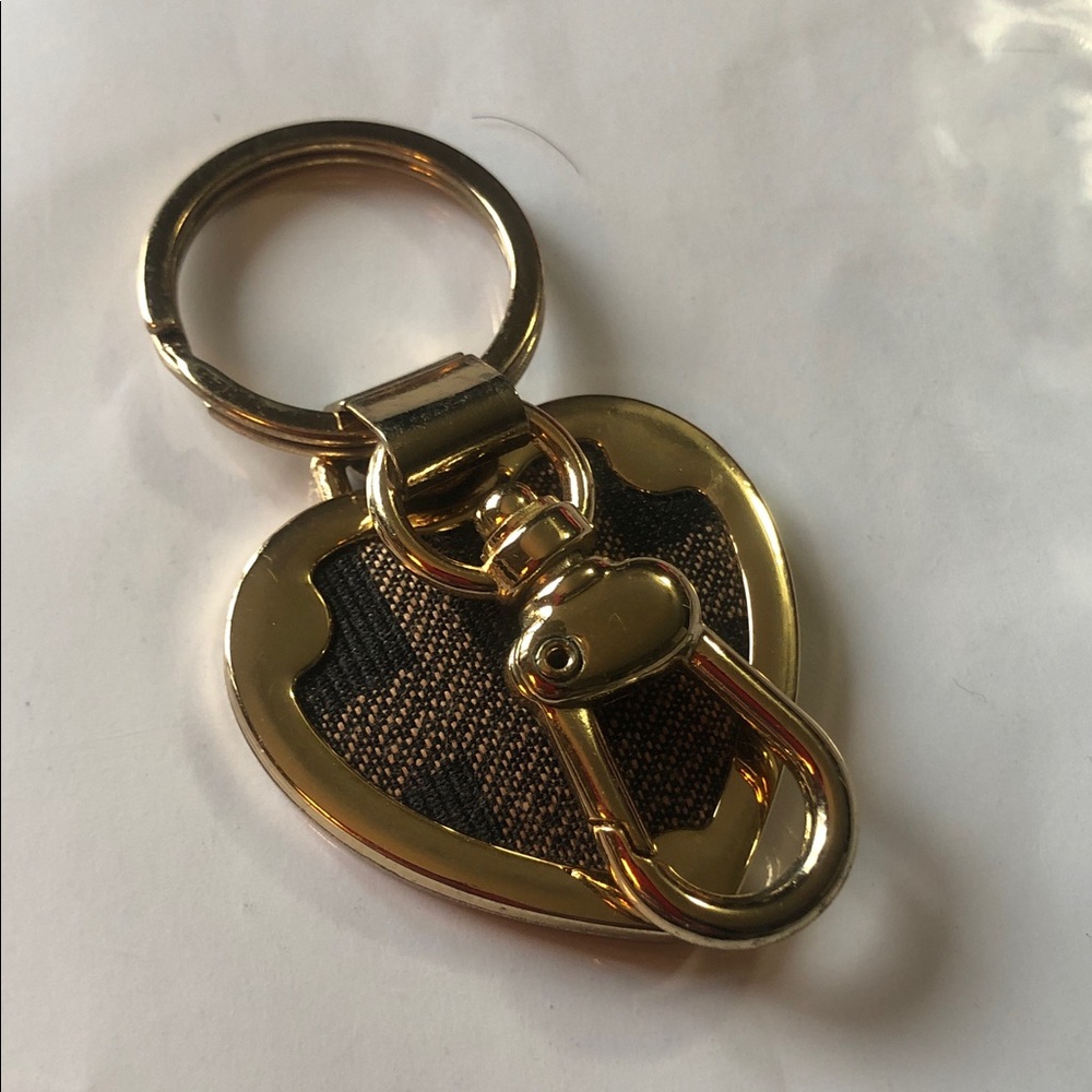 Gold Heart Keychain with Brown Fabric Inlay